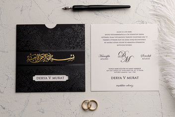Elegant Islamic Wedding Invitation with Black Embossed Floral Sleeve