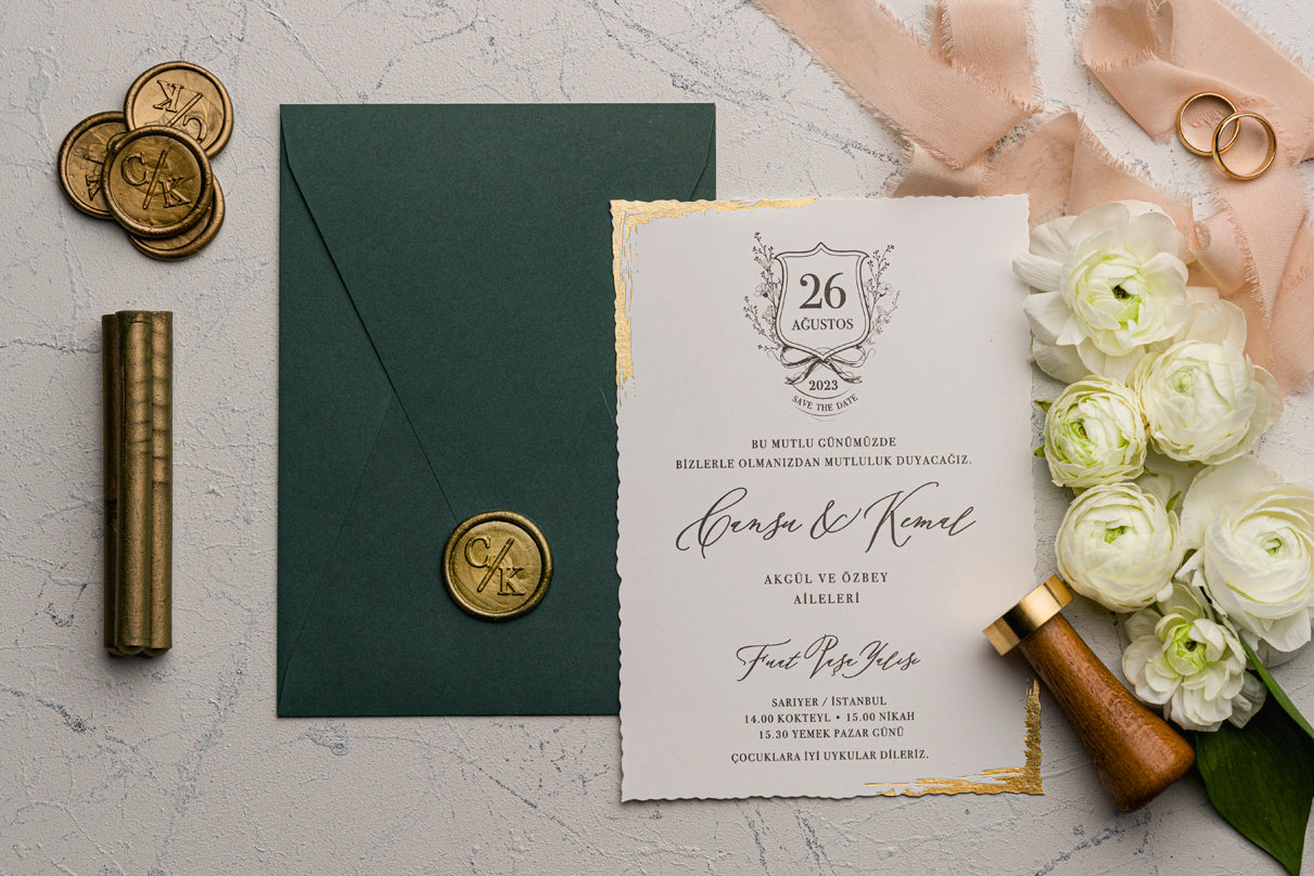 Elegant Dark Green Wedding Invitation with Gold Foil Detail