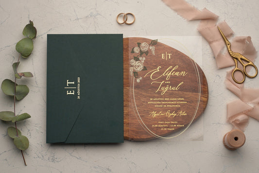 Rustic Floral Acrylic Wedding Invitation with Dark Green Envelope