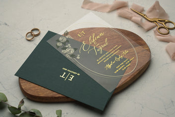 Rustic Floral Acrylic Wedding Invitation with Dark Green Envelope