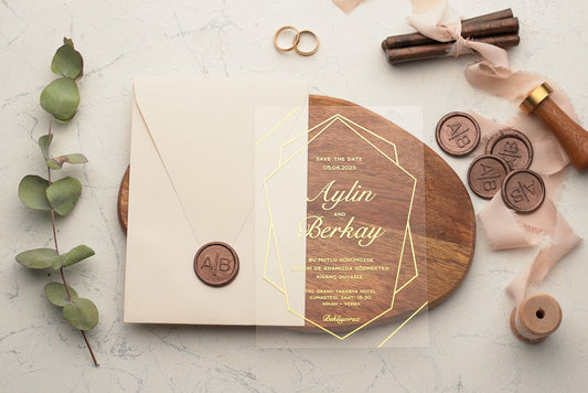 Gold Foil Geometric Vellum Wedding Invitation with Wax Seal