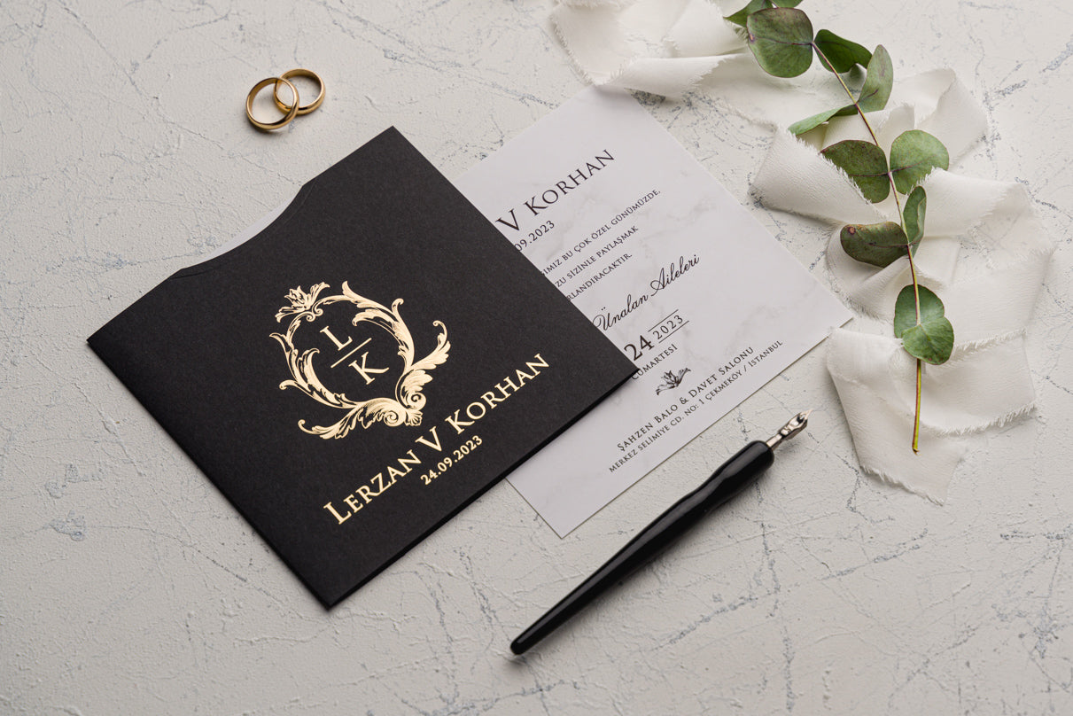 Luxury Black & Gold Foil Wedding Invitation – Monogram Design