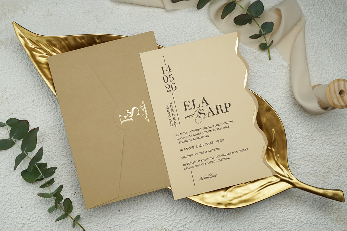 Beige and Gold Modern Wedding Invitation with Wave Edge – Elegant Minimalist Design