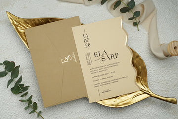 Beige and Gold Modern Wedding Invitation with Wave Edge – Elegant Minimalist Design