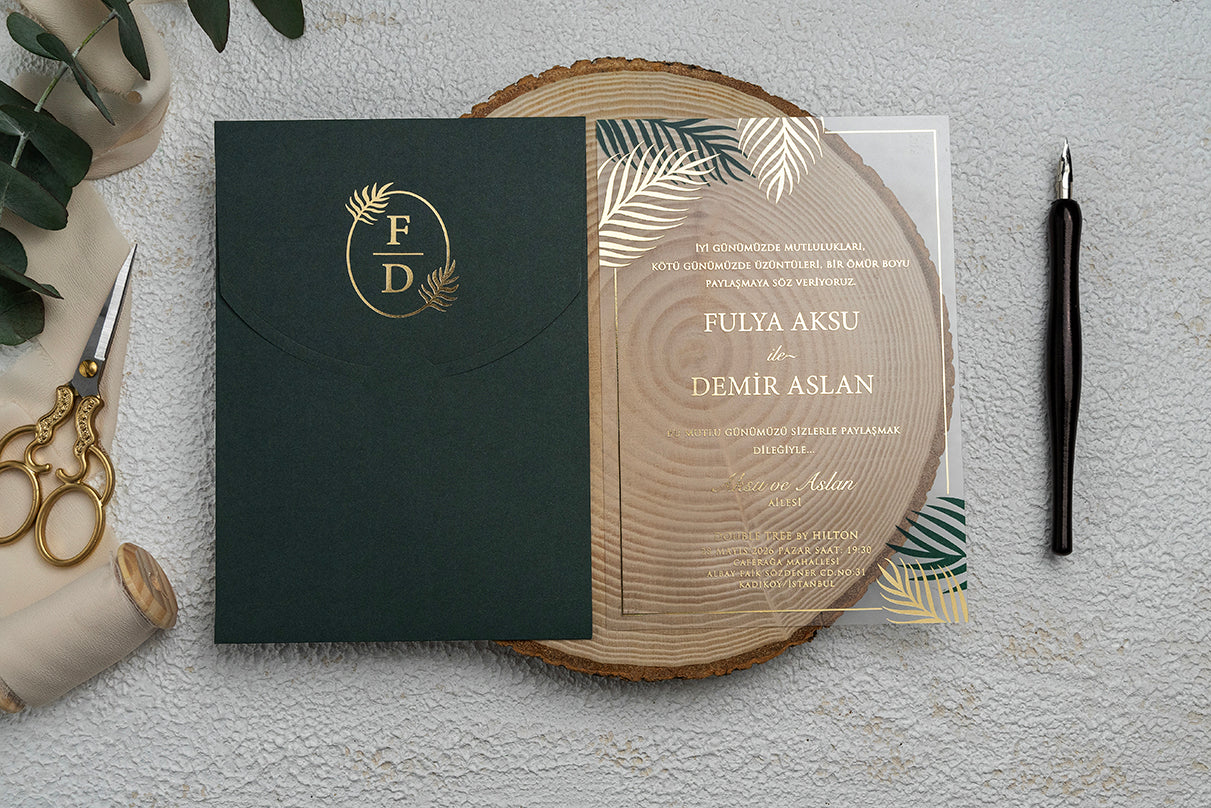 Tropical Acrylic Wedding Invitation with Dark Green Envelope & Gold Foil Palm