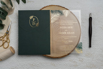 Tropical Acrylic Wedding Invitation with Dark Green Envelope & Gold Foil Palm