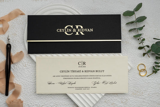 Modern Black & Cream Wedding Invitation with Gold Accent