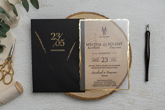 Gold Edge Acrylic Wedding Invitation with Black Envelope