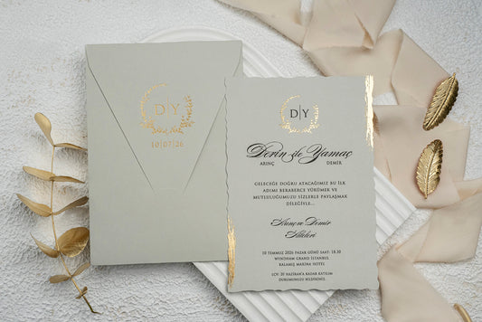 Elegant Torn Edge Wedding Invitation with Olive Wreath & Gold Foil