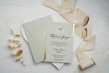 Elegant Torn Edge Wedding Invitation with Olive Wreath & Gold Foil