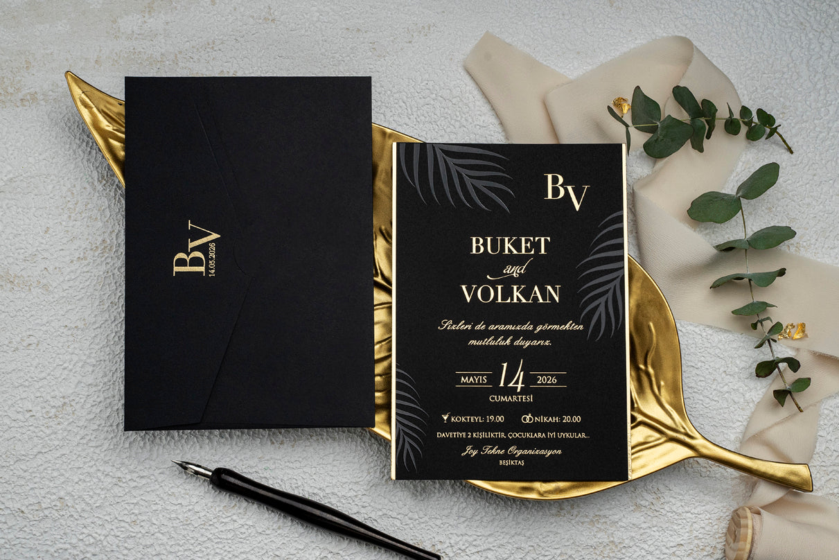 Black and Gold Foil Wedding Invitation – Elegant Tropical Leaf Design