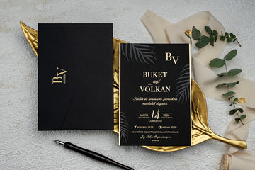 Black and Gold Foil Wedding Invitation – Elegant Tropical Leaf Design