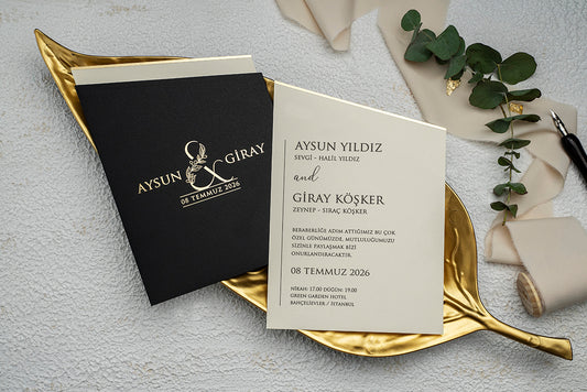 Elegant Black & Cream Wedding Invitation with Gold Monogram