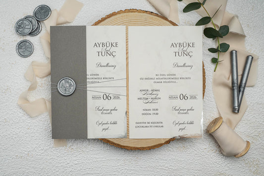 Rustic Gray Wedding Invitation with Wax Seal & Marble Design