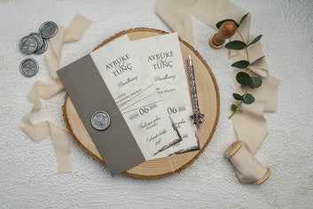 Rustic Gray Wedding Invitation with Wax Seal & Marble Design