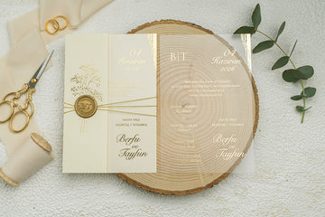 Cream Folded Wedding Invitation with Gold Seal & Clear Acrylic Insert
