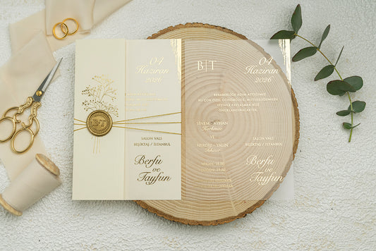 Cream Folded Wedding Invitation with Gold Seal & Clear Acrylic Insert