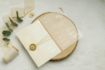 Cream Folded Wedding Invitation with Gold Seal & Clear Acrylic Insert