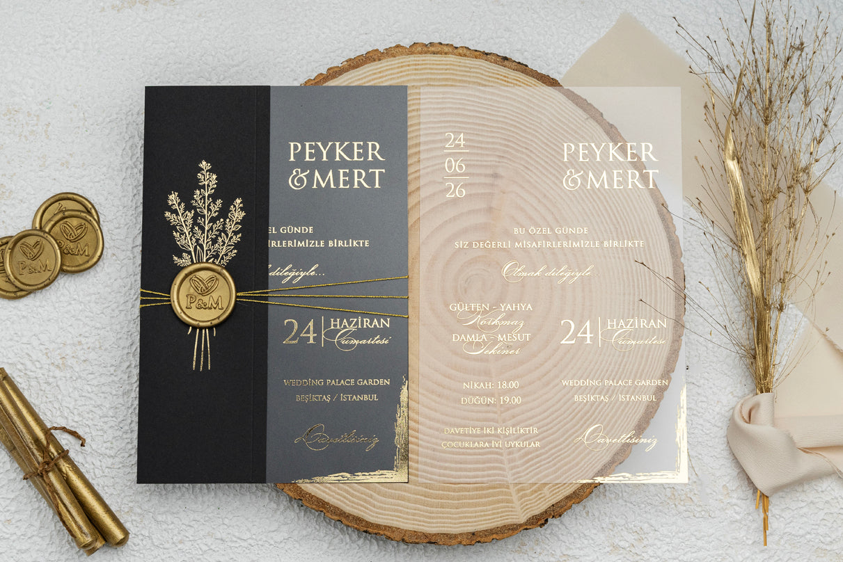 Black and Gold Acrylic Wedding Invitation with Botanical Wax Seal