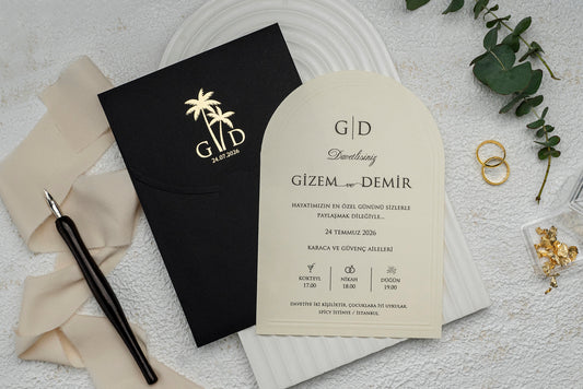 Tropical Palm Wedding Invitation with Arch Cream Card & Black Envelope