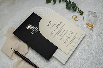 Tropical Palm Wedding Invitation with Arch Cream Card & Black Envelope