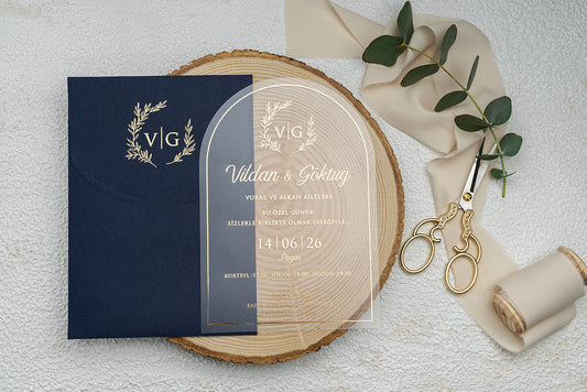 Arched Acrylic Wedding Invitation with Navy Envelope and Gold Crest