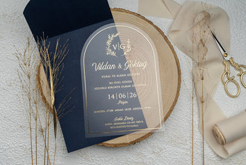 Arched Acrylic Wedding Invitation with Navy Envelope and Gold Crest