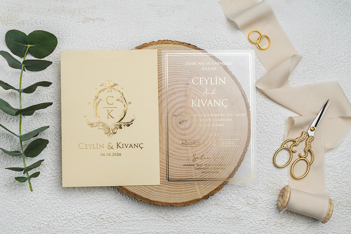 Clear Acrylic Wedding Invitation with Gold Foil Monogram