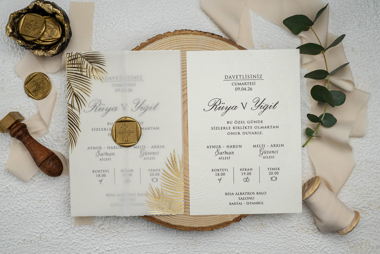 Tropical Vellum Wedding Invitation with Gold Palm & Seal
