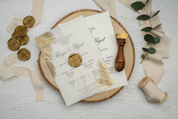 Tropical Vellum Wedding Invitation with Gold Palm & Seal