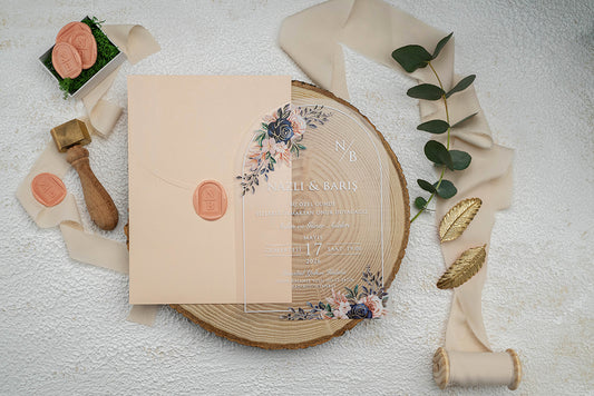 Floral Arch Acrylic Wedding Invitation with Peach Wax Seal