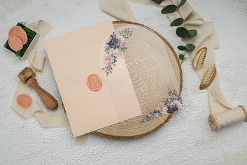 Floral Arch Acrylic Wedding Invitation with Peach Wax Seal