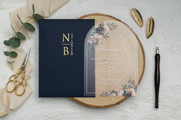 Navy Blue Envelope Floral Arch Acrylic Wedding Invitation