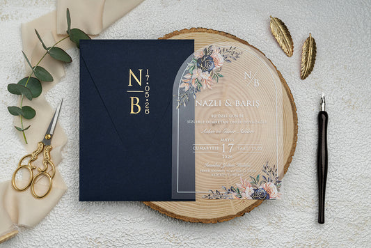 Navy Blue Envelope Floral Arch Acrylic Wedding Invitation