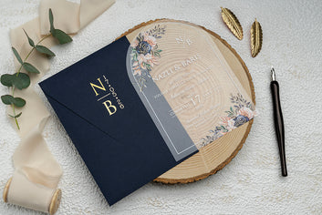 Navy Blue Envelope Floral Arch Acrylic Wedding Invitation