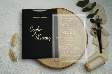 Clear Acrylic Wedding Invitation with Gold Script & Black Sleeve