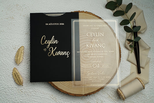 Clear Acrylic Wedding Invitation with Gold Script & Black Sleeve