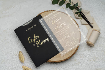 Clear Acrylic Wedding Invitation with Gold Script & Black Sleeve