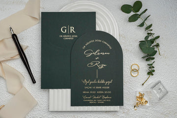 Dark Green Arch Wedding Invitation with Gold Foil