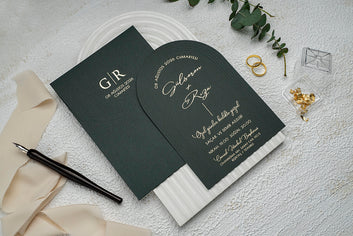 Dark Green Arch Wedding Invitation with Gold Foil