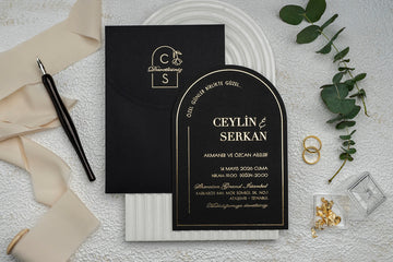 Black Arch Wedding Invitation with Gold Foil and Custom Monogram