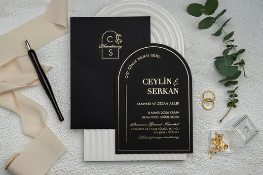 Black Arch Wedding Invitation with Gold Foil and Custom Monogram