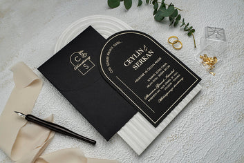 Black Arch Wedding Invitation with Gold Foil and Custom Monogram