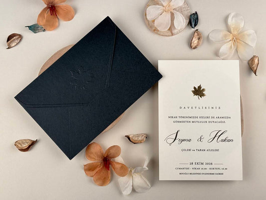 Elegant Black Envelope Wedding Invitation with Gold Maple Detail