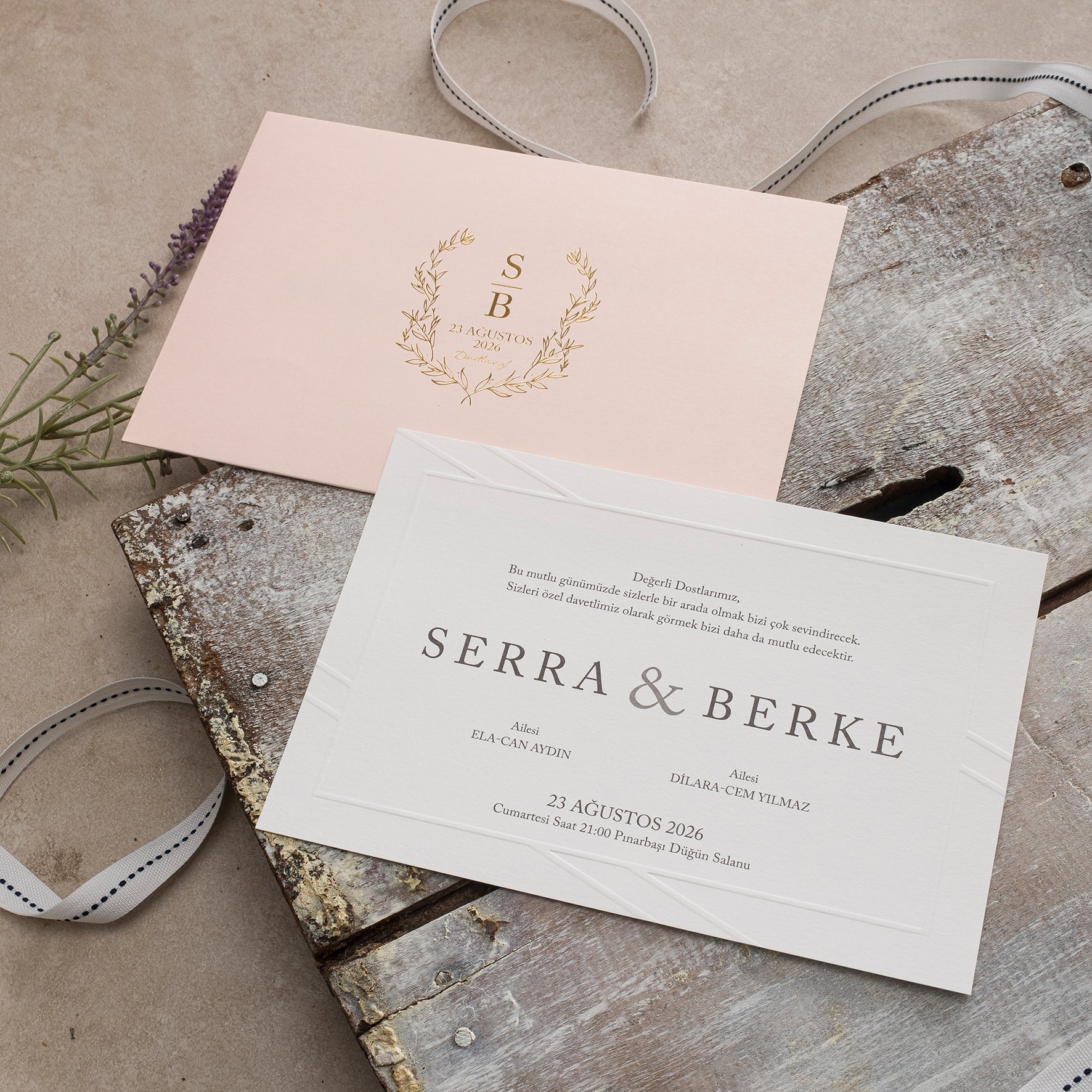 Modern Wedding Invitation with Blush Envelope & Embossed Details