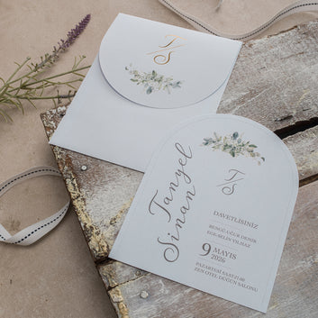 Arched Wedding Invitation with Gold Foil Monogram & Soft Florals