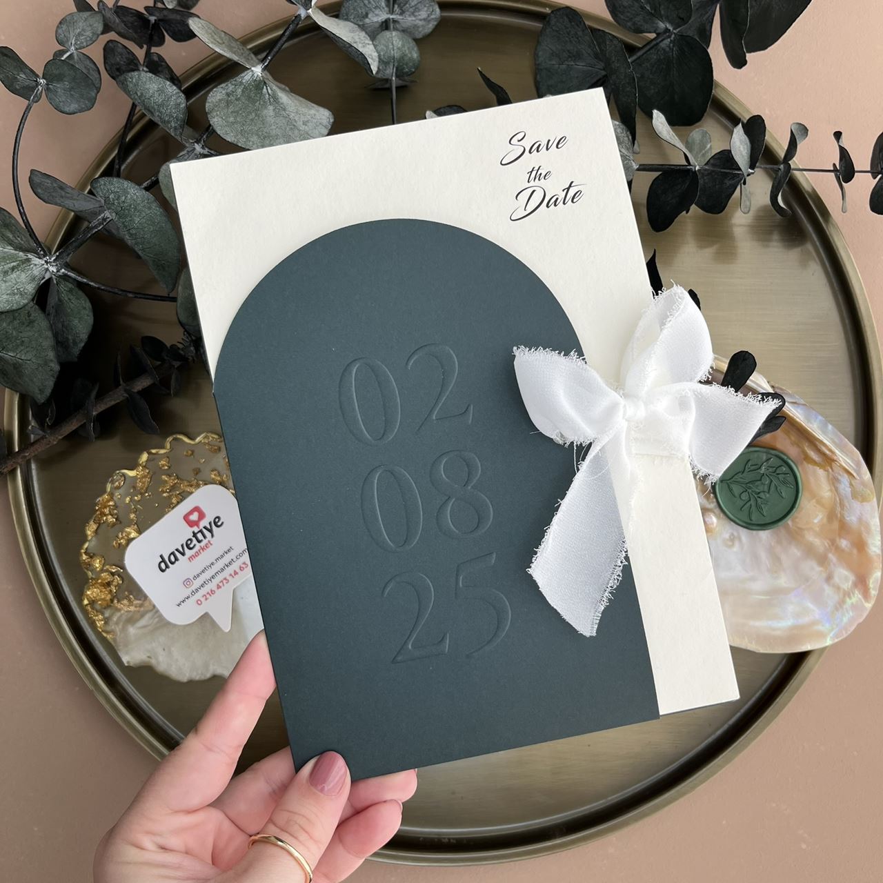 Minimalist Save the Date Invitation with Embossed Date & Silk Ribbon