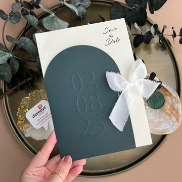 Minimalist Save the Date Invitation with Embossed Date & Silk Ribbon