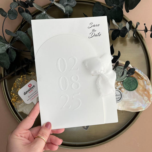 All-White Save the Date Wedding Invitation with Embossed Date & Silk Ribbon