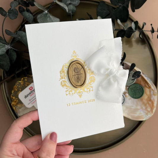 Luxury White Wedding Invitation with Gold Foil, Embossed Monogram & Silk Ribbon